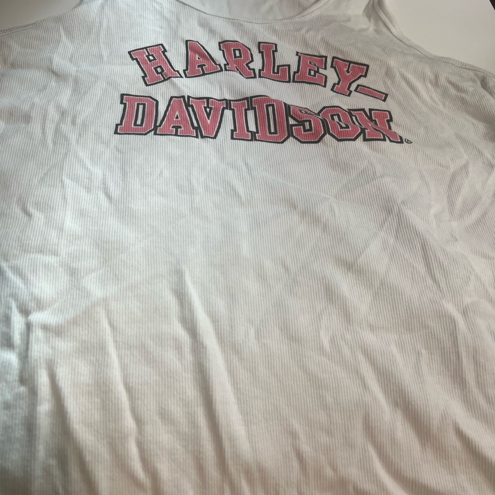 Harley-Davidson white tank top with pink lettering.